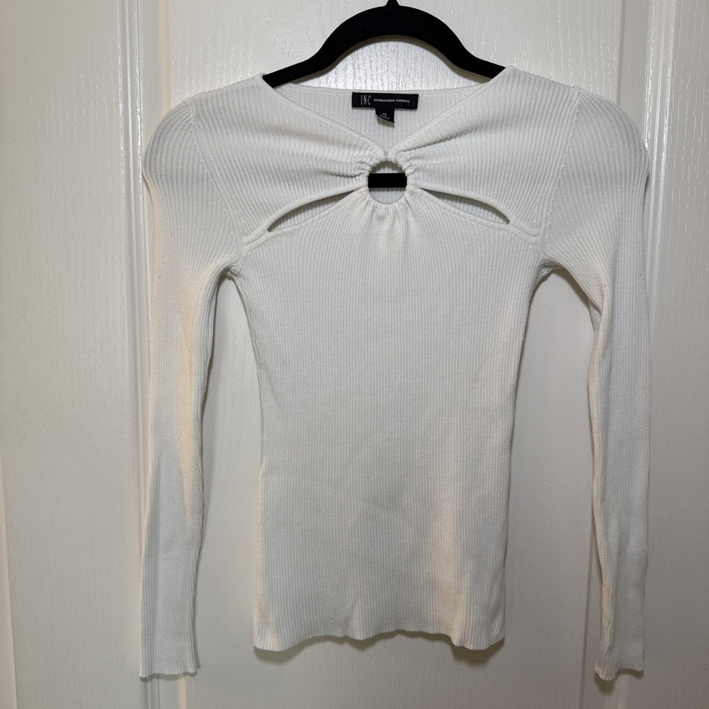 INC International Concepts Sweater Top XS Cream Ribbed Cutout Long Sleeve